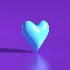 3d render of smooth blue plastic heart with shadow on purple background in minimalistic style. Design concept of Valentine's Day.
