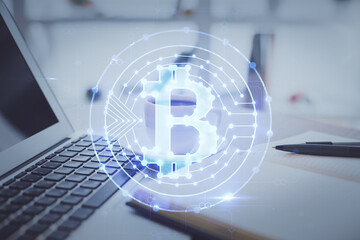 Obraz na płótnie Canvas Double exposure of crypto technology drawing and desktop with coffee and items on table background. Concept of blockchain