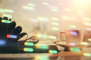 Double exposure of technology theme drawing and desktop with coffee and items on table background. Concept of data research.