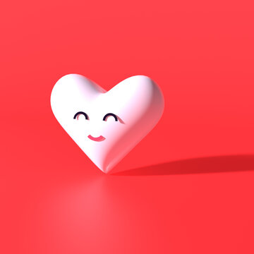 3d render of white plastic heart with smile and shadow on red background. Design concept of Valentine's Day.