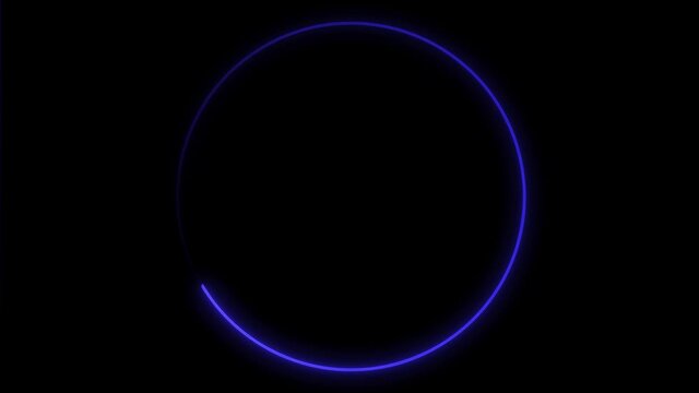 Abstract bright neon frame. The movement of the luminous neon line in a circular path. Neon line circle shape drawn on with full loop-ready rotation plus fashing grid pattern loop. Blue color. 4k. 