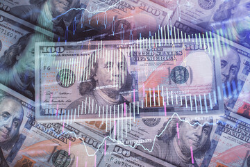 Multi exposure of forex chart drawing over us dollars bill background. Concept of financial success markets.