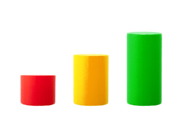 children constructor will line up wooden multicolored cylinders in ascending order in the form of a graph of growth and stabilization of the situation, objects isolated on a white background, nobody.