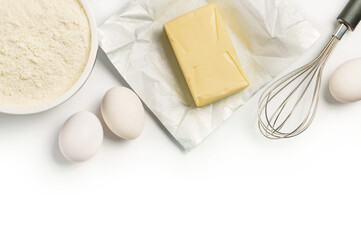 Baking ingredients isolated on white background.