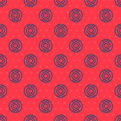 Blue line DNA symbol icon isolated seamless pattern on red background. Genetic engineering, genetics testing, cloning, paternity testing. Vector.