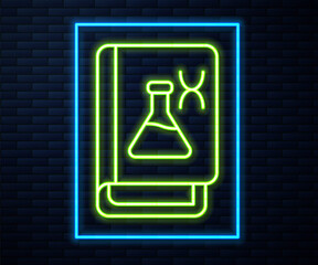 Glowing neon line Genetic engineering book icon isolated on brick wall background. DNA symbol. Vector.