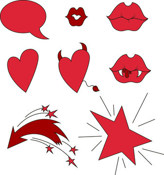 Vector set : speech bubble, kiss, lips, hearts, horns, vampire teeth, blood, arrow, star with shine. Red elements for design cards, icons, posters, print