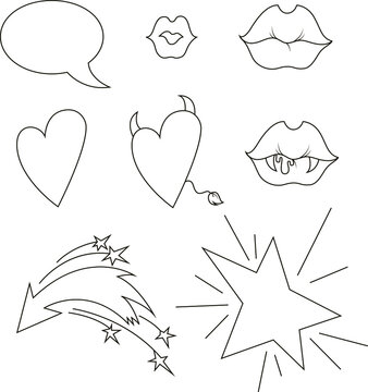 Vector set : hearts , lips, kiss, speech bubble,stars , arrow. With devil horns, tail , vampire teeth and blood. Line art. Linear , isolated on white elements for design cards, icons, poster, print.