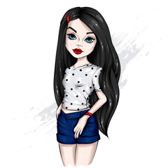 Beautiful girl in stylish clothes. Fashion and style, clothing and accessories. Illustration for a postcard or poster, print.