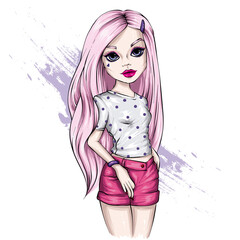 Beautiful girl in stylish clothes. Fashion and style, clothing and accessories. Illustration for a postcard or poster, print.