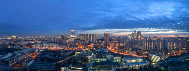  The panoramic view of the big city lights. Amazing view of twilight and sunset horizon.
