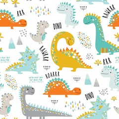 Fototapeta na wymiar Cute funny kids dinosaurs pattern. Colorful dinosaurs vector background. Creative kids texture for fabric, wrapping, textile, wallpaper, apparel. Vector illustration
