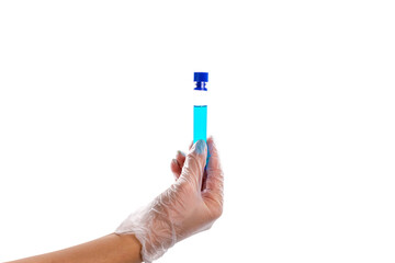 Vaccine bottle. Doctor hand in medical glove hold test tube or bottle for protection flu virus and coronavirus. Covid vaccine isolated on white. Syringe, medical injection.