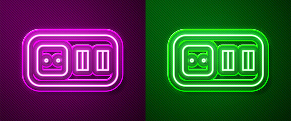 Glowing neon line Electrical outlet icon isolated on purple and green background. Power socket. Rosette symbol. Vector.