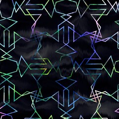 Seamless abstract color blobs with geometric geo shape overlay. High quality illustration. Painterly dye-like blue purple and green bleed watery background color with beautiful pattern overlay.