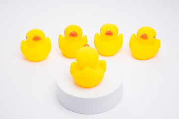 Concept of leadership and teamwork. A group of yellow ducks listening to their leader, isolated on white background.