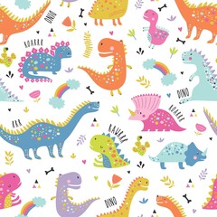 Fototapeta na wymiar Cute funny kids dinosaurs pattern. Colorful dinosaurs vector background. Creative kids texture for fabric, wrapping, textile, wallpaper, apparel. Vector illustration