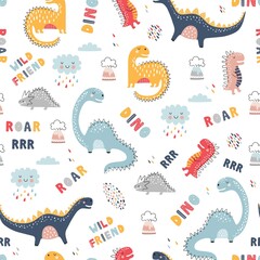 Cute funny kids dinosaurs pattern. Colorful dinosaurs vector background. Creative kids texture for fabric, wrapping, textile, wallpaper, apparel. Vector illustration