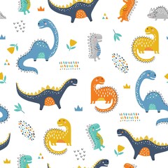 Cute funny kids dinosaurs pattern. Colorful dinosaurs vector background. Creative kids texture for fabric, wrapping, textile, wallpaper, apparel. Vector illustration