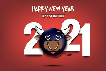 Greeting card design template with for New year 2021 of the bull. Bowling ball made in the form of a cow. 2021 and muzzle bull in the form of a Bowling  ball. Vector illustration