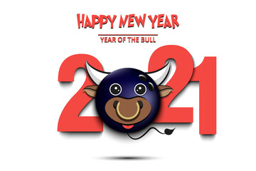 Greeting card design template with for New year 2021 of the bull. Bowling ball made in the form of a cow. 2021 and muzzle bull in the form of a Bowling  ball. Vector illustration
