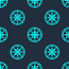 Green line Compass icon isolated seamless pattern on blue background. Windrose navigation symbol. Wind rose sign. Vector.