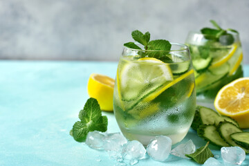 Delicious cold summer lemonade with cucumber and mint. - obrazy, fototapety, plakaty