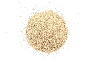 Pile of dry yeast isolated on white background, top view. Active dry yeast on a white background, top view. Dry yeast granules isolated on white background. Dry yeast is used in baked goods. - obrazy, fototapety, plakaty
