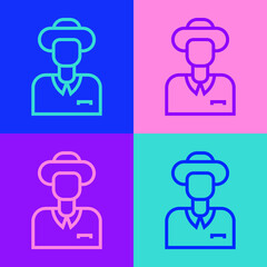 Pop art line Tourist icon isolated on color background. Travelling, vacation, tourism concept. Vector.