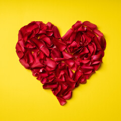 Red heart made of rose petals on yellow background. Minimal Valentine's or Women's day concept. Wedding, anniversary or romantic idea. Flat lay, copy space.