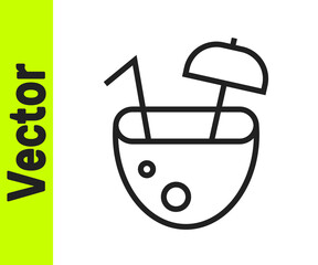 Black line Coconut juice exotic fresh cocktail and umbrella icon isolated on white background. Vector.