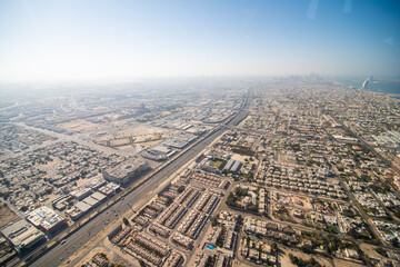 UAE, Dubai - December, 2020: Aerial view of Downtown Dubai from helicopter flight