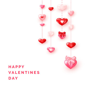 Valentine`s day greeting card template. Valentine card ornate shiny red and pink hearts. Vector