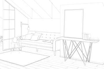 Sketch of the attic with a horizontal poster on a white wall between a sofa with a coffee table and a partition. There are a roof window and a carpet on the tiled floor in the room. 3d render