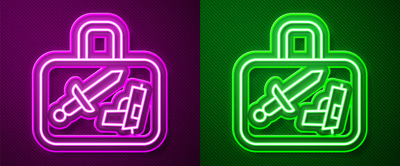 Glowing neon line Suitcase for travel icon isolated on purple and green background. Traveling baggage sign. Travel luggage icon. Vector.