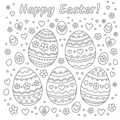 Happy Easter background with patterned eggs, flowers and hearts for coloring book page, antistress book. Easter eggs with ornament. Coloring page. Black and white Happy Easter vector illustration. 