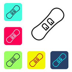 Black line Snowboard icon isolated on white background. Snowboarding board icon. Extreme sport. Sport equipment. Set icons in color square buttons. Vector.