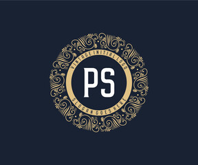 Initial PS Antique retro luxury victorian calligraphic emblem logo with ornamental frame. - obrazy, fototapety, plakaty