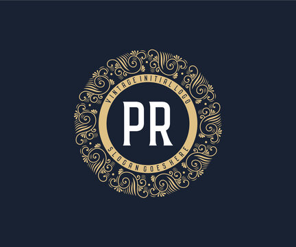Initial PR Antique retro luxury victorian calligraphic emblem logo with ornamental frame.
