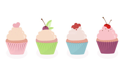  Sweet food  creamy cupcake set isolated  