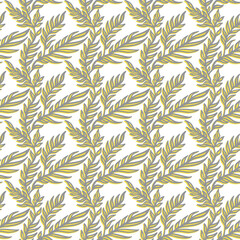 Abstract floral ornament. Hand drawn seamless pattern. Gray leaves with yellow shadow on white background. Wallpaper, wrapping, textile design