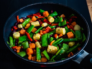 Mix of vegetables cooking in frying pan
