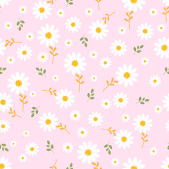 Seamless pattern with doodle hand drawn daisy flower on pink background vector illustration.