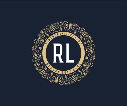 Initial RL Antique retro luxury victorian calligraphic emblem logo with ornamental frame.