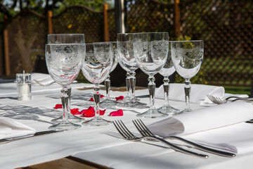 Close up detail of elegant served table outdoors.