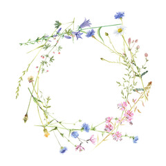 Obraz na płótnie Canvas Round frame with watercolor meadow flowers