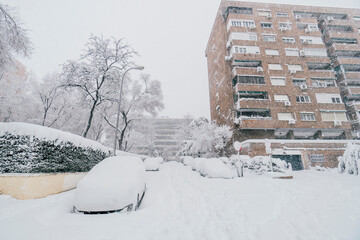 Madrid street covered in snow due to historic Filomena storm with more than 30 cm of snow.