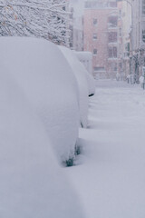 Several cars in the street in Madrid covered in snow due to historic snow storm Filomena.