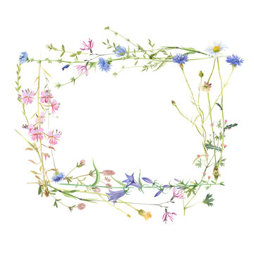 Rectangular frame with watercolor meadow flowers