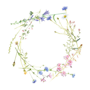 Round frame with watercolor meadow flowers